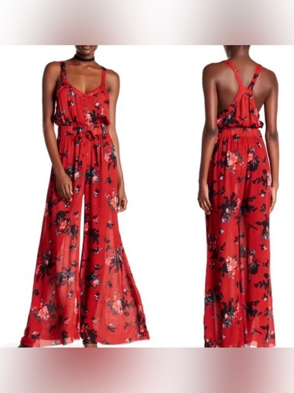 Free People FP One Moonlight Garden Floral Red Wide-Leg Jumpsuit, Sz Medium, NWT